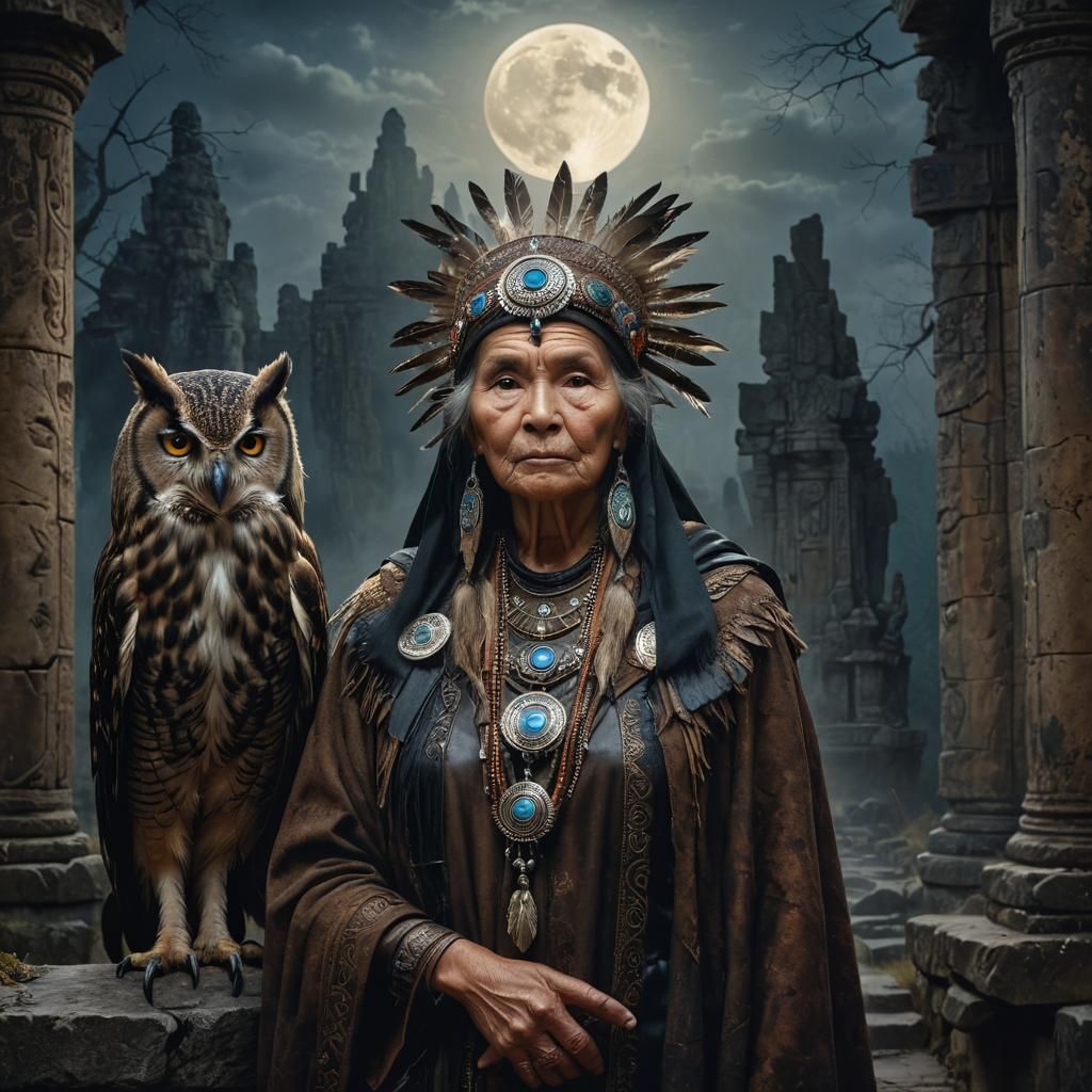Shaman Woman and Owl in Temple Ruins