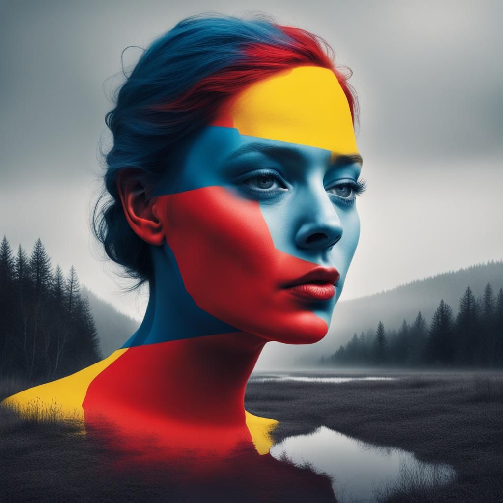 Surreal Double Exposure Face in Primary Colors