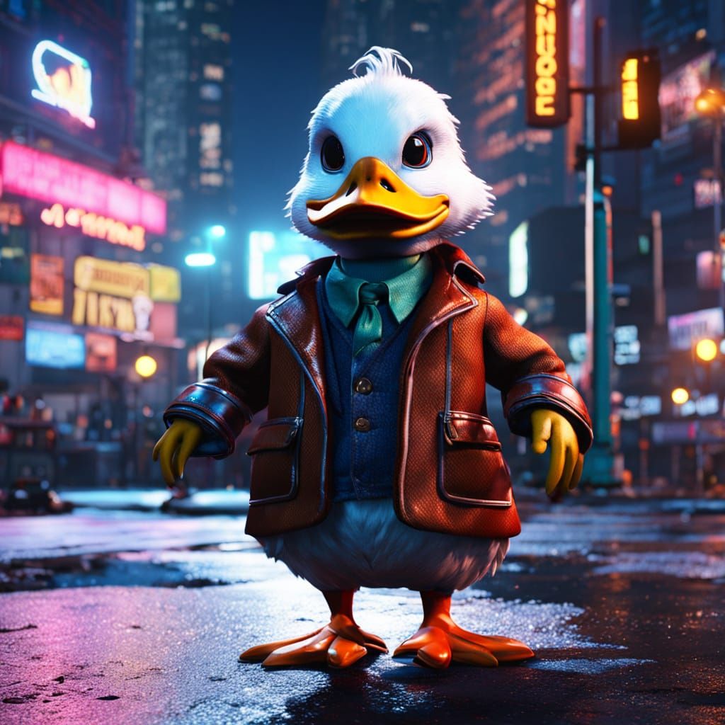 Howard the Duck in a Neon Cityscape