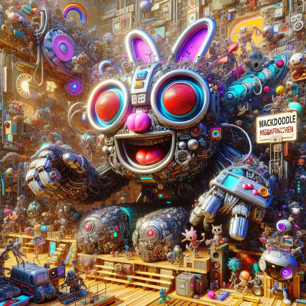 A whimsical and surreal 3D artwork showcasing a huge crowd of super cute 'wackadoodle megafrinchen' absurd totally ridic...