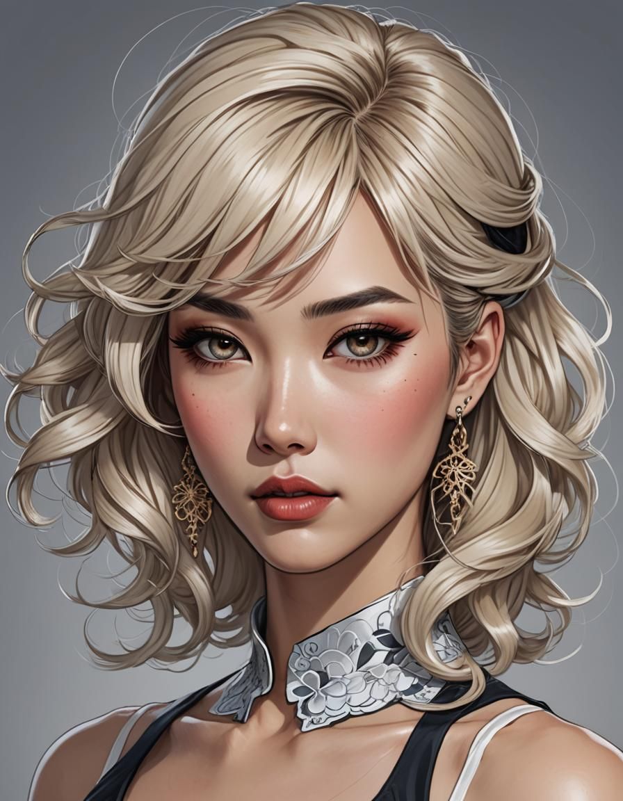 Anime Rockabilly Pin-Up: Platinum Blonde Asian Woman