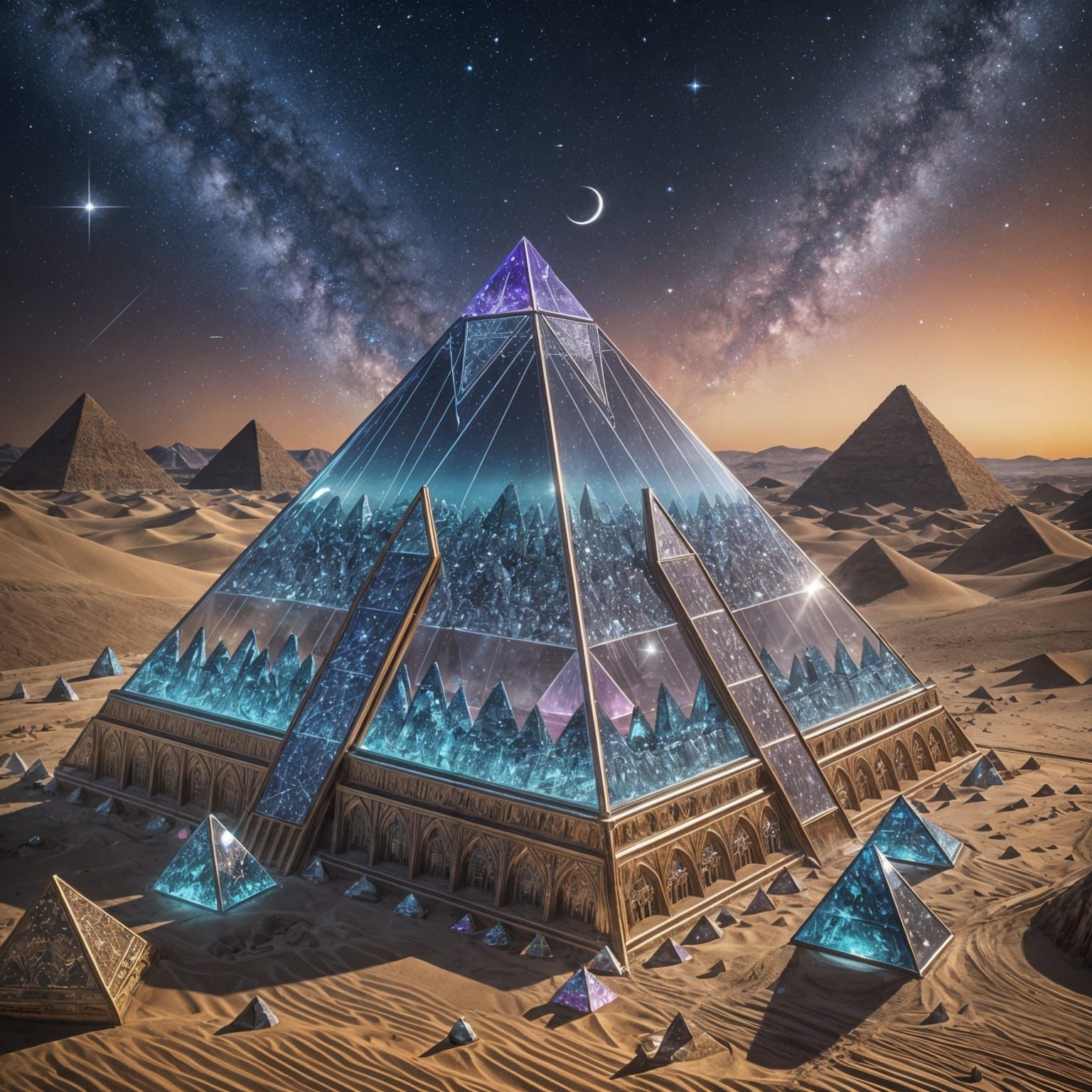 Crystal Pyramid in Desert Night Sky