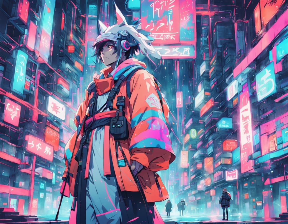 Neon Futuristic Anime Person in Vibrant City