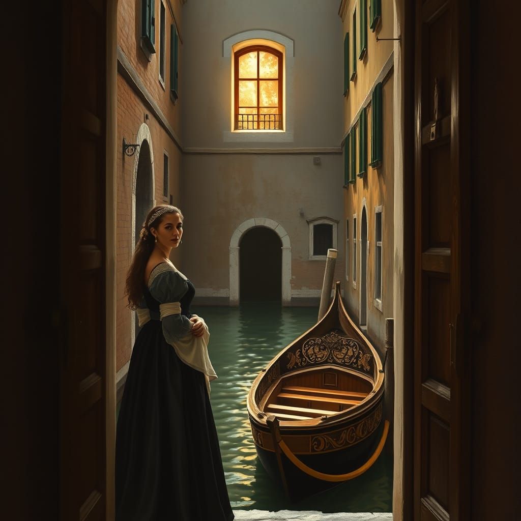 Renaissance Woman in Cityscape, Canaletto Style