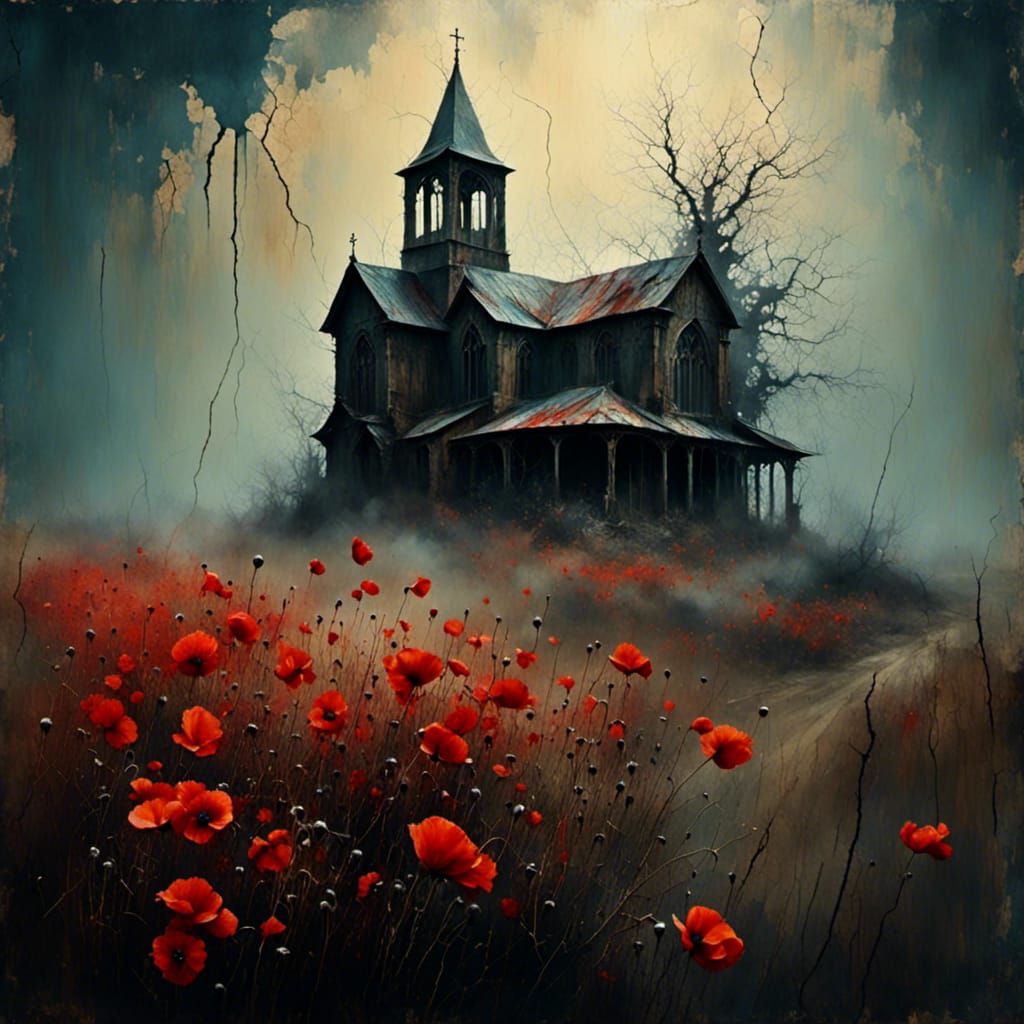 Old wooden dark chapel with red poppy flowers, misty, foggy ...