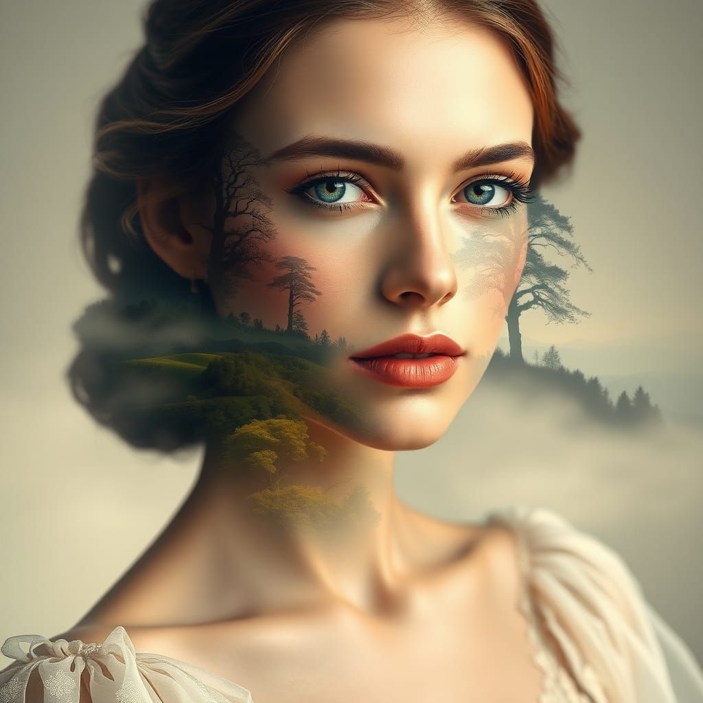Enchanted Woman: Double Exposure in a Fantasy Landscape