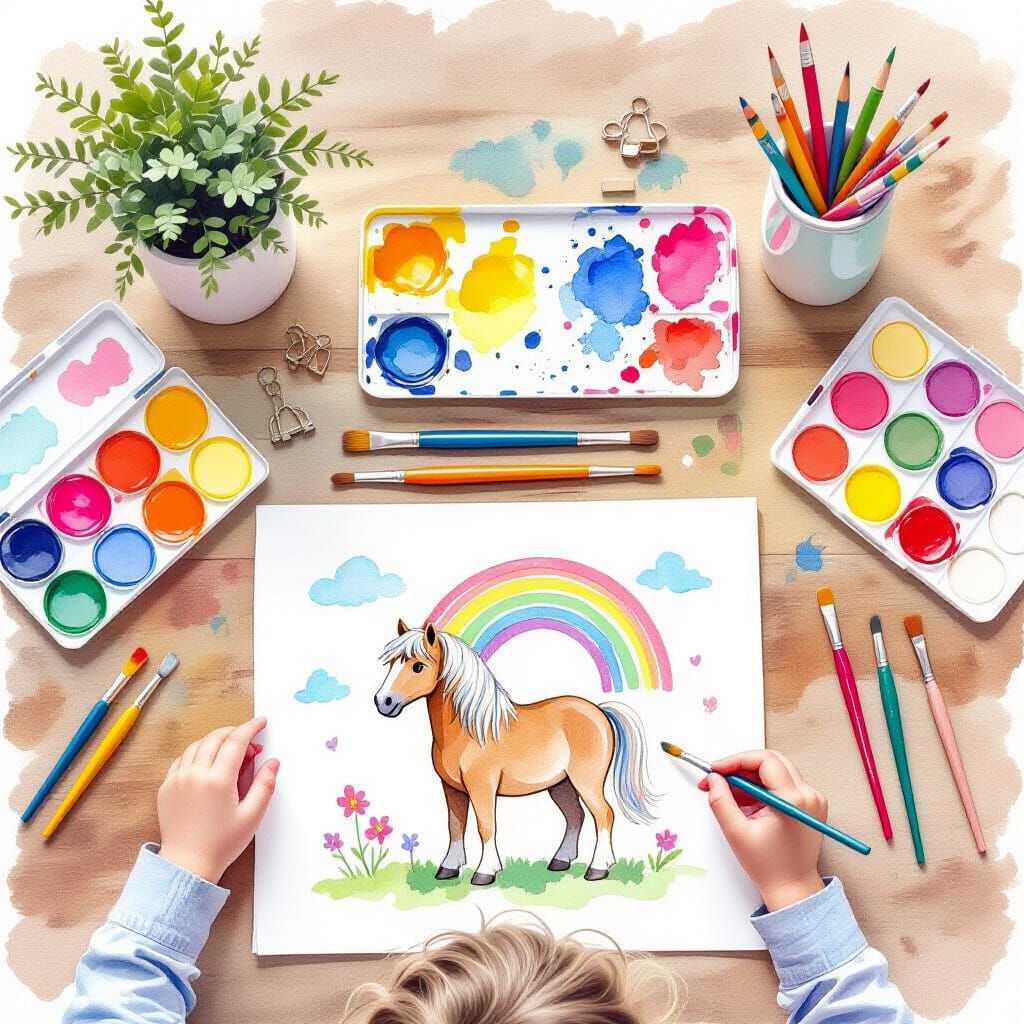 Children's Desk with Pony Painting in Watercolor Style