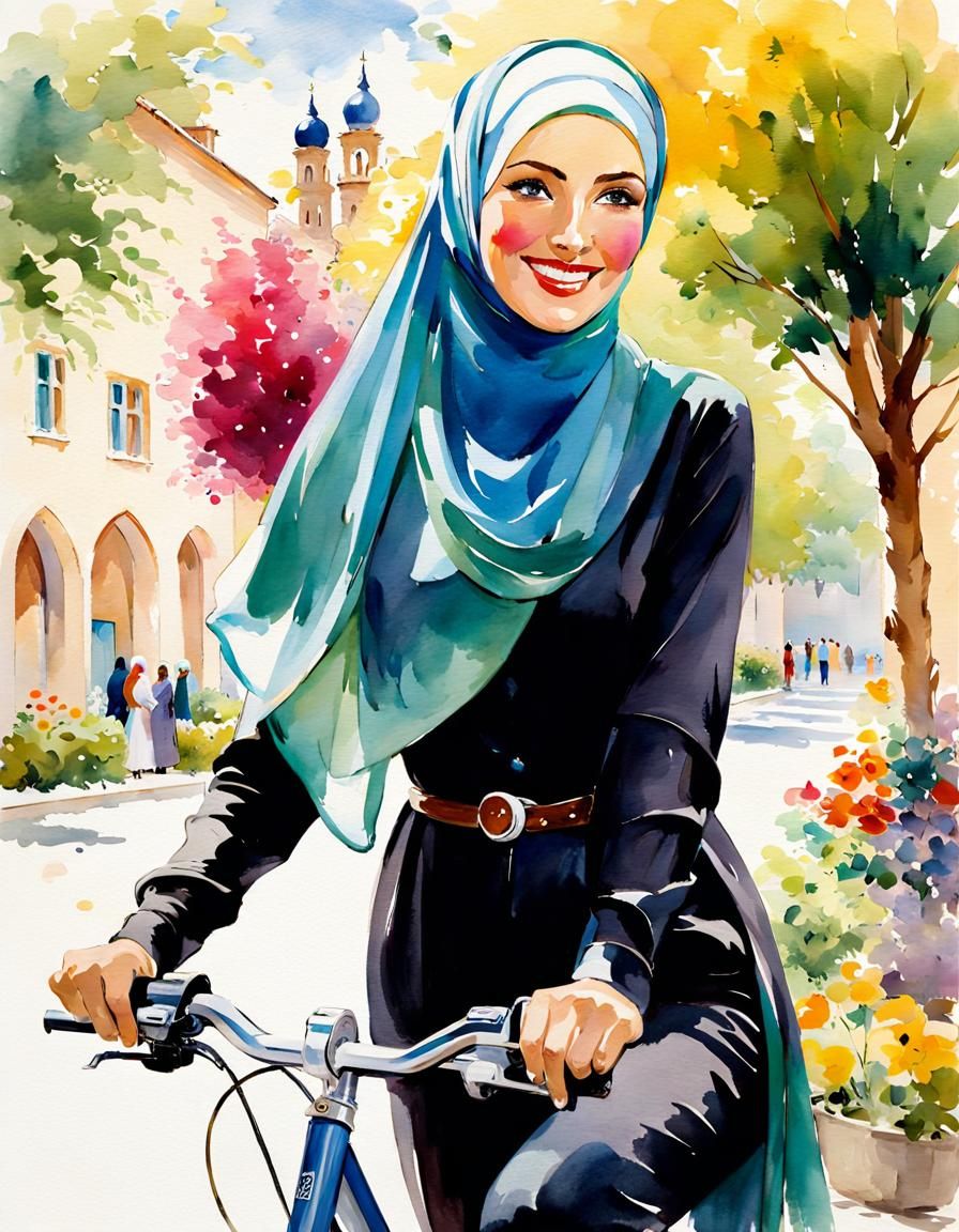 Smiling Women in Hijab: Vibrant Watercolor Portrait