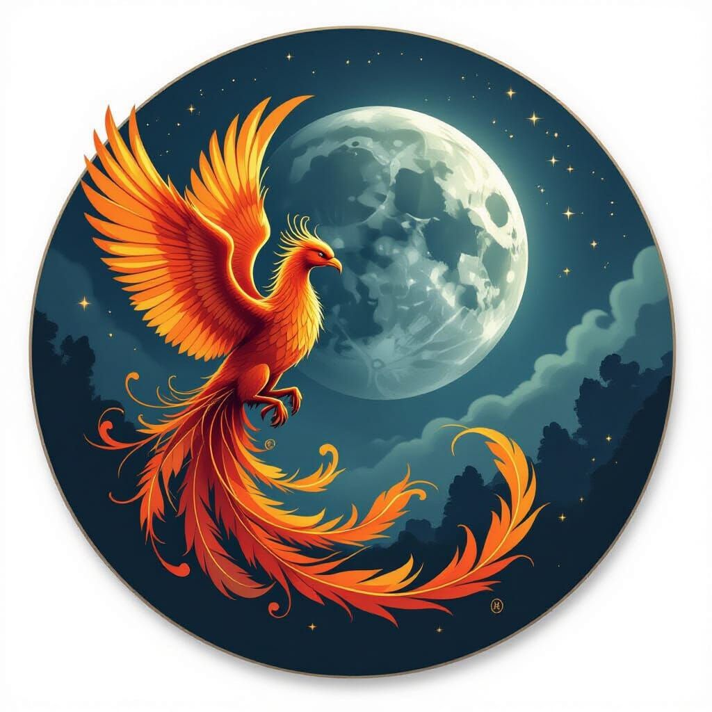 Majestic Phoenix Ascends Towards a Luminous Moon