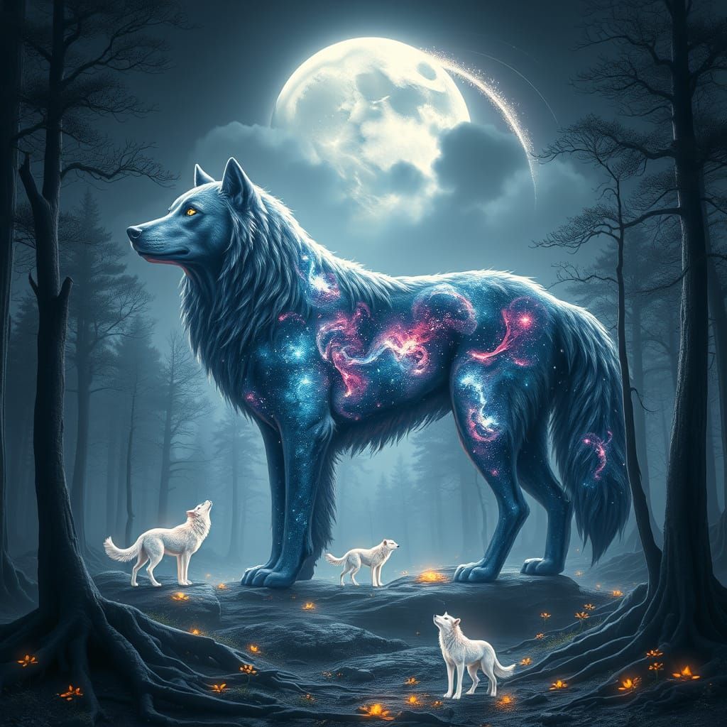 Celestial Canine Deity Reigns in Ancient Forest Under Silver...