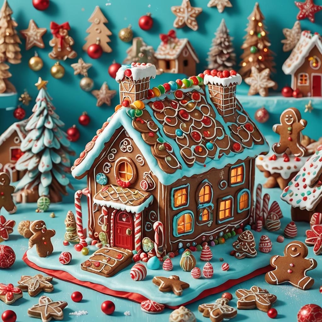 Festive Gingerbread House and Christmas Cookies in Digital A...