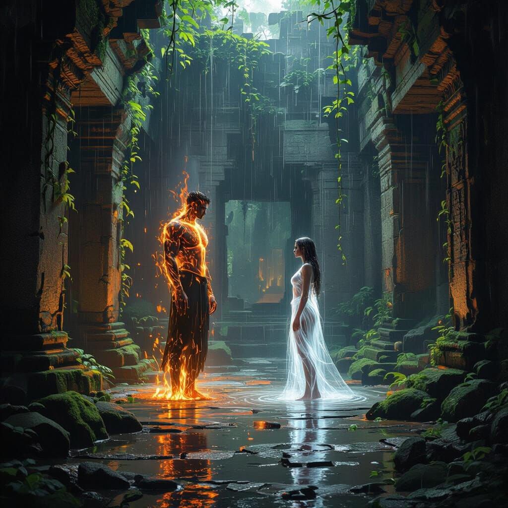 Ruined Jungle Temple with Figures of Fire and Water