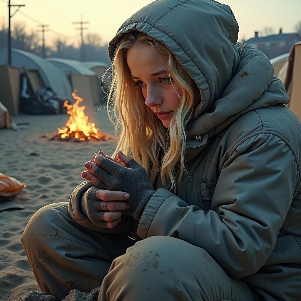 Huddled Woman Warming Hands by Makeshift Fire