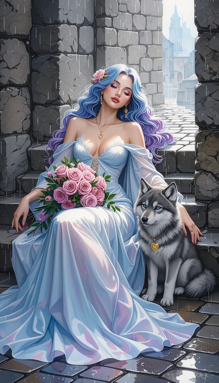 Ariane with Wolf Cub on Cobblestones as Mixed Media Art