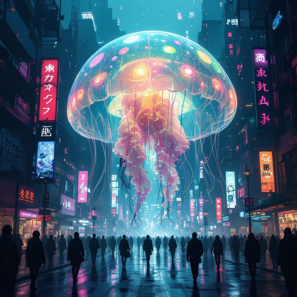 Bioluminescent Jellyfish Floats in Neon Cyberpunk Cityscape