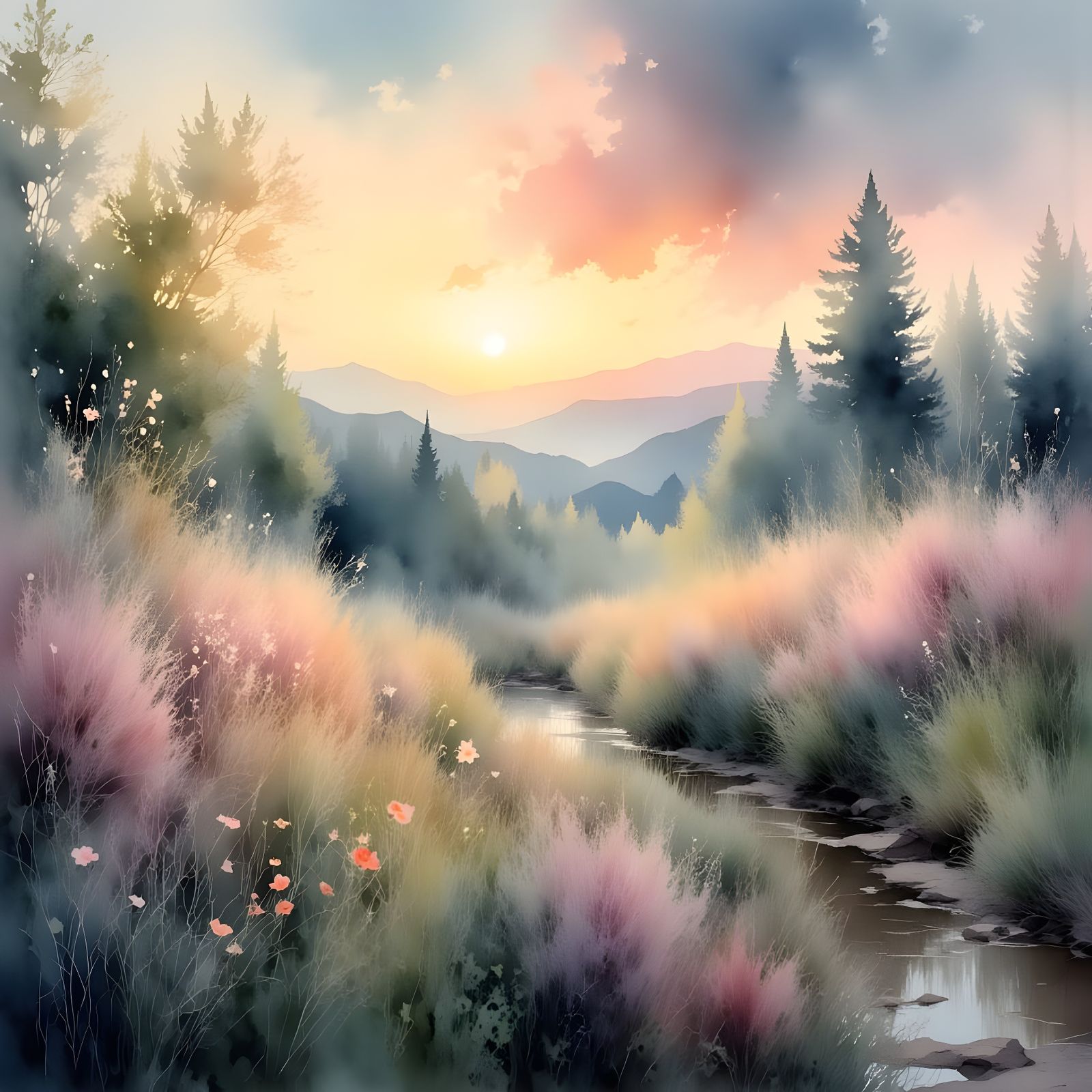 Surreal Sunset Meadow Blooms in an Ethereal Landscape
