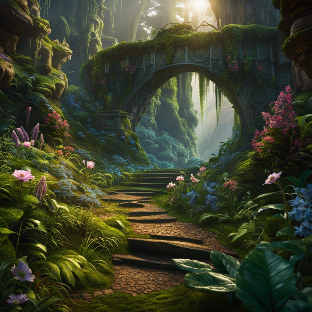 Enchanted Forest with Rainbow and Magical Flowers