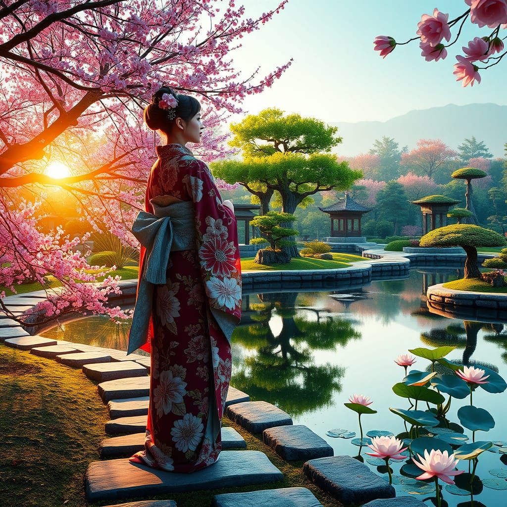 Surreal Japanese Garden at Dawn with Cherry Blossoms and Bon...