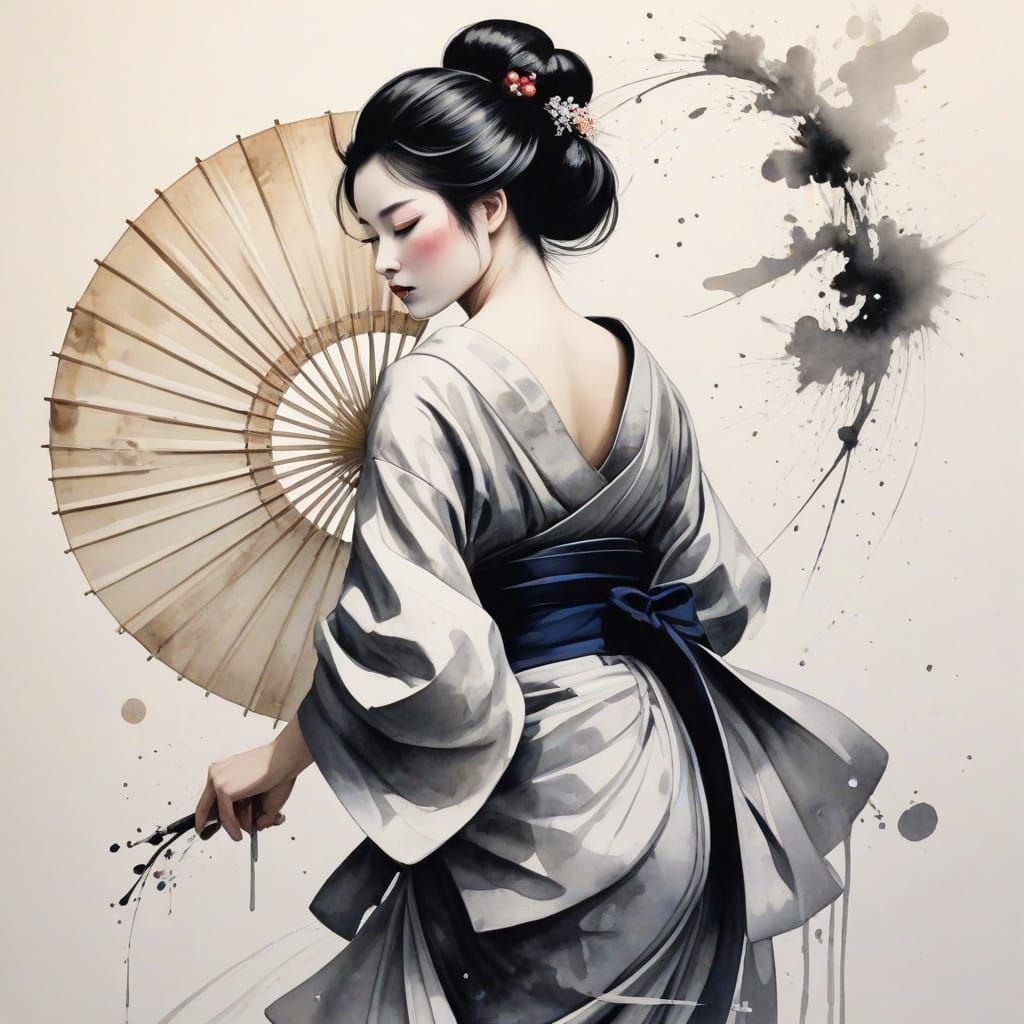 Ethereal Geisha Dance in Bold, Sweeping Watercolour Ink Stro...