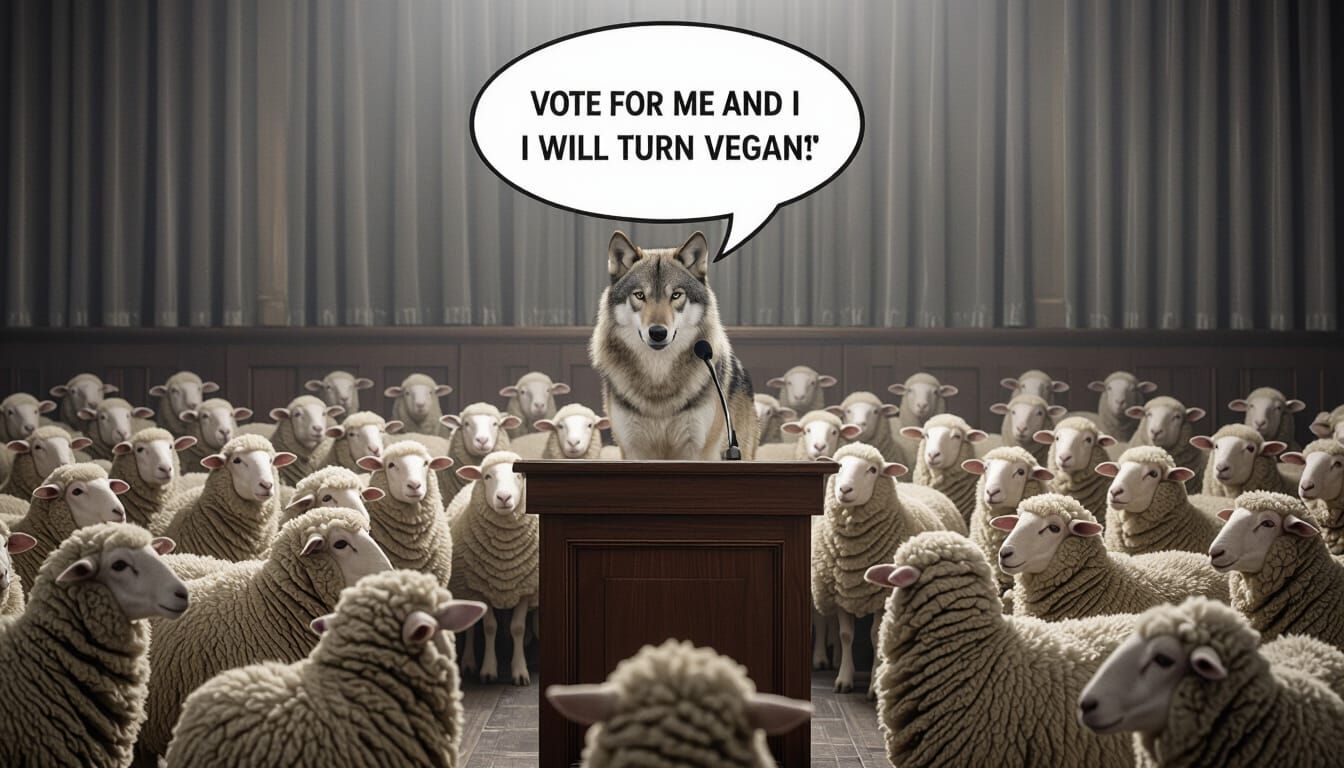 Wolf Addresses Sheep: A Hyperrealistic Political Photo