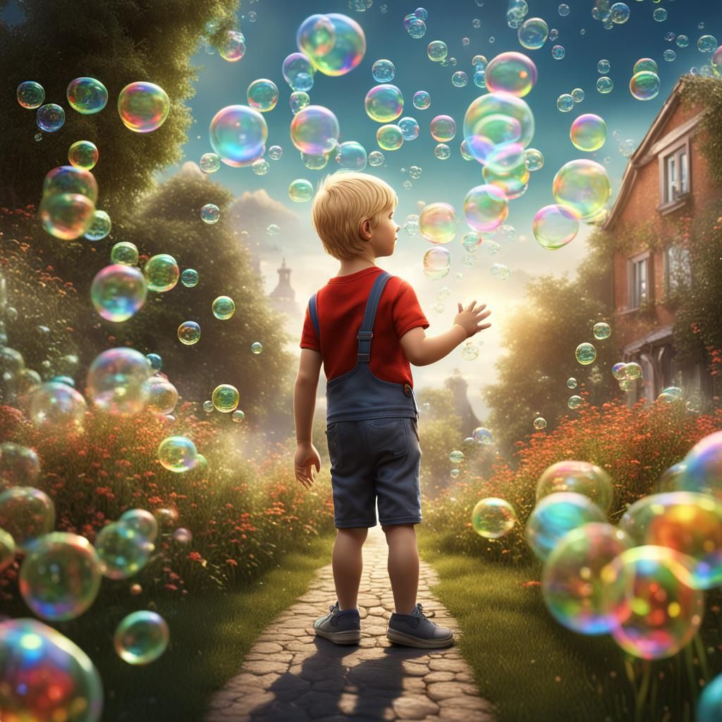 Blond Boy in Garden of Bubbles: Digital Matte Painting