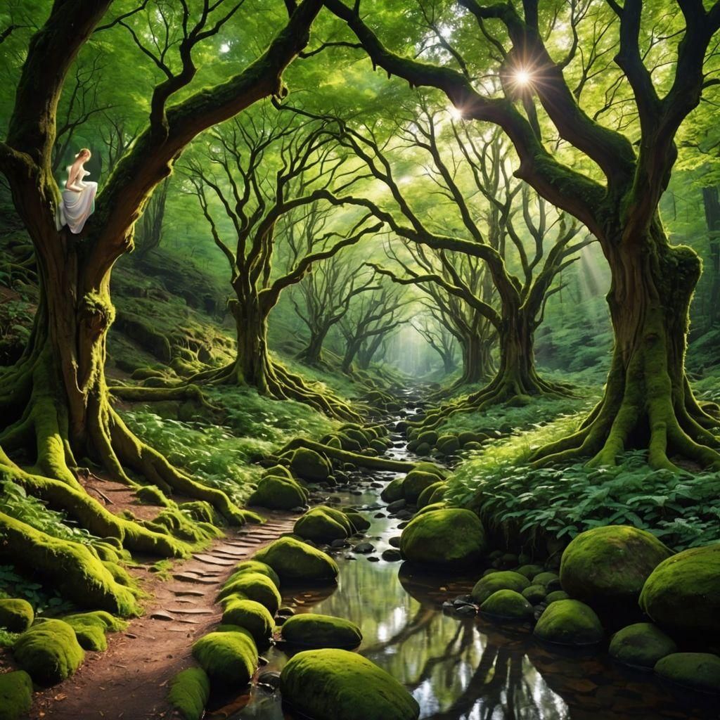 A tiny fairy watches over her hidden woodland creek