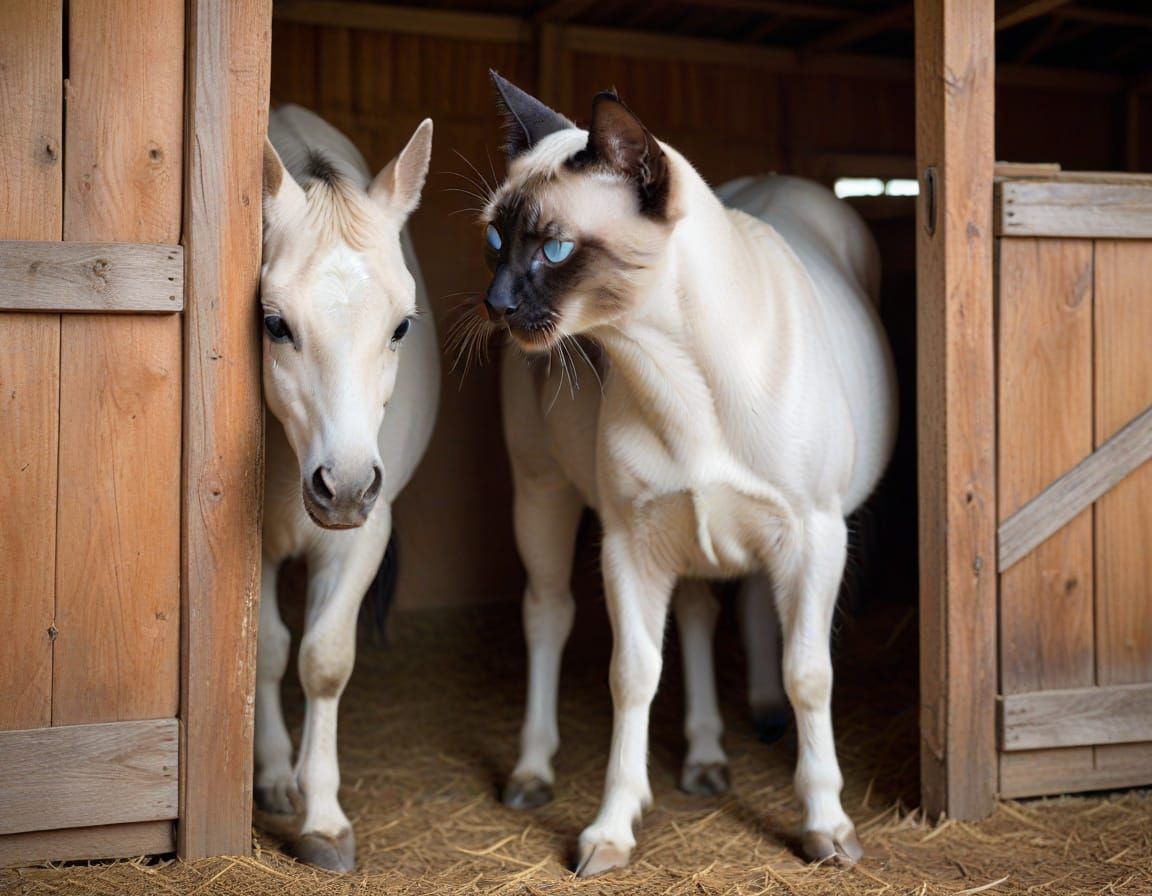 Siamese Cat and Horse Nuzzle in Barn