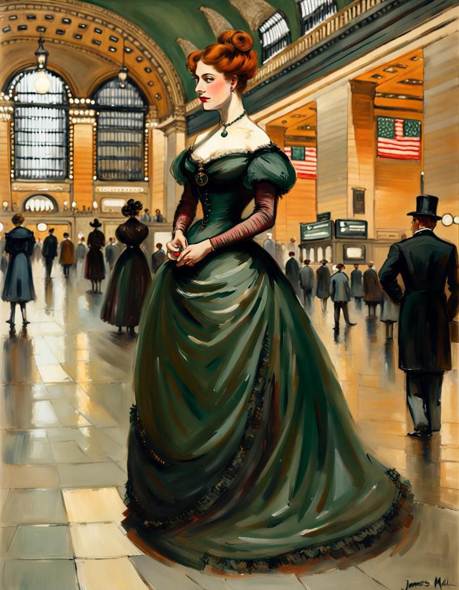 Victorian Gothic Lady in Grand Central, Painterly Style