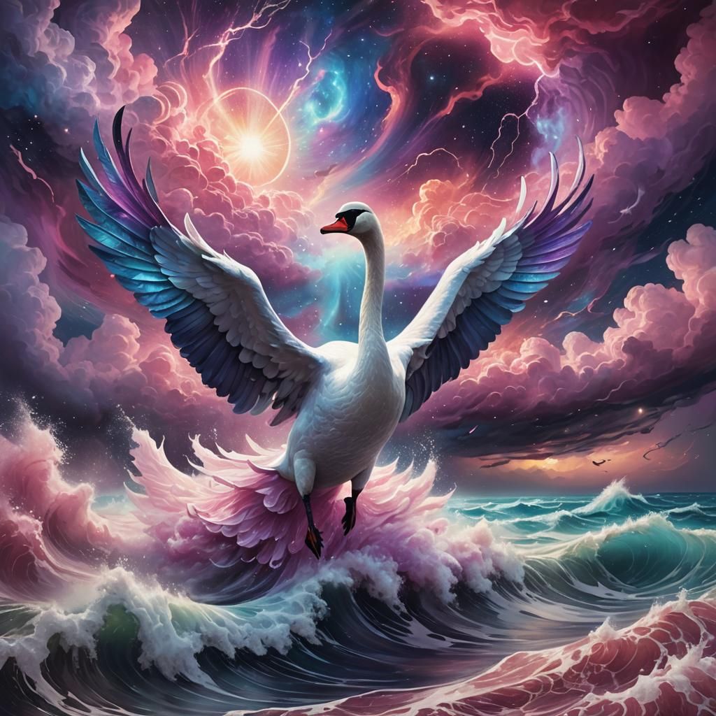 Cosmic Swan Floats Over Stormy Sea: Surreal Illustration