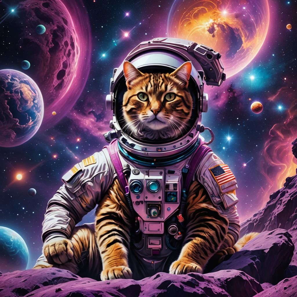 Astronaut Petting Cat in Galaxy: Psychedelic Space Art