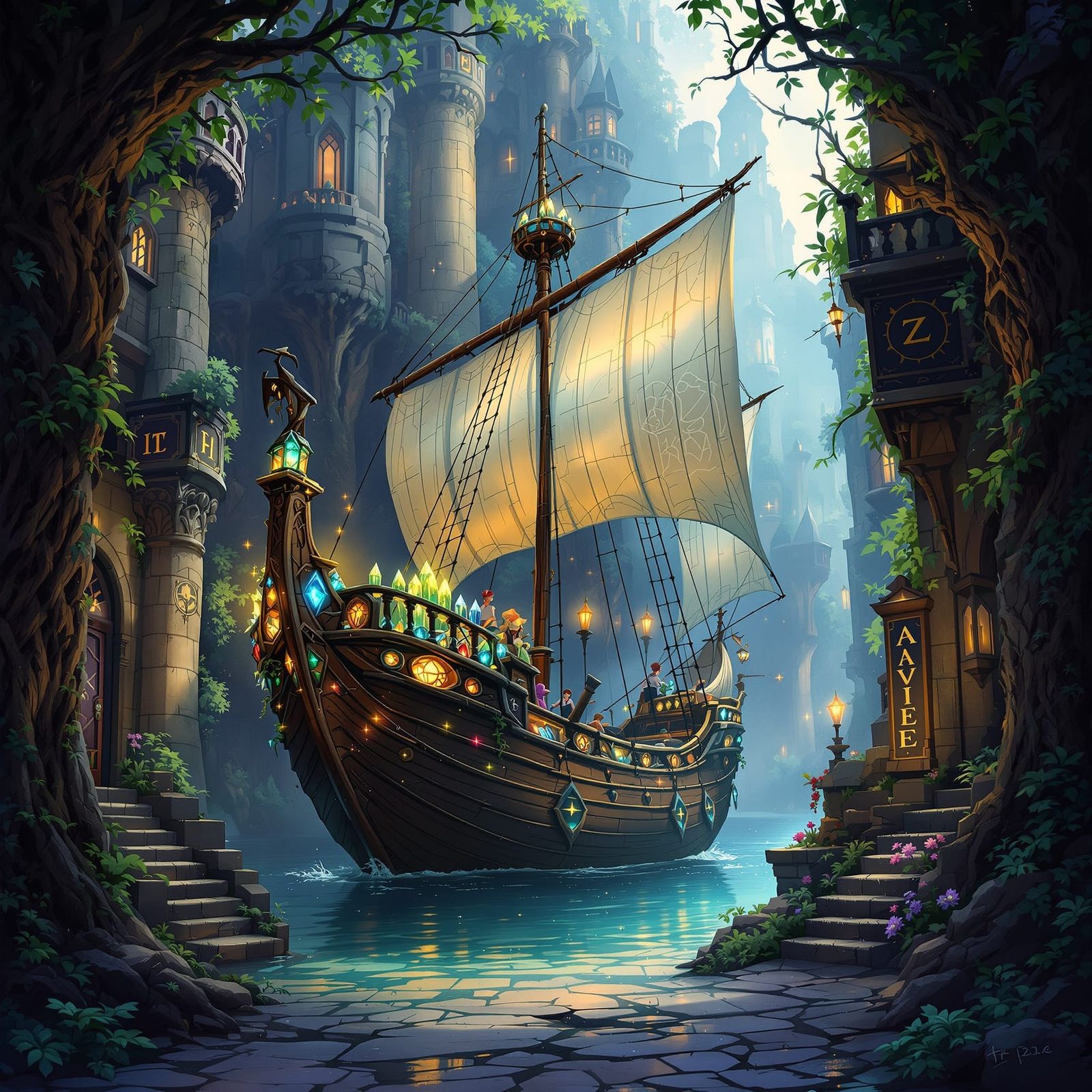 Fantastical Ship Docked in Enchanted Alleyway