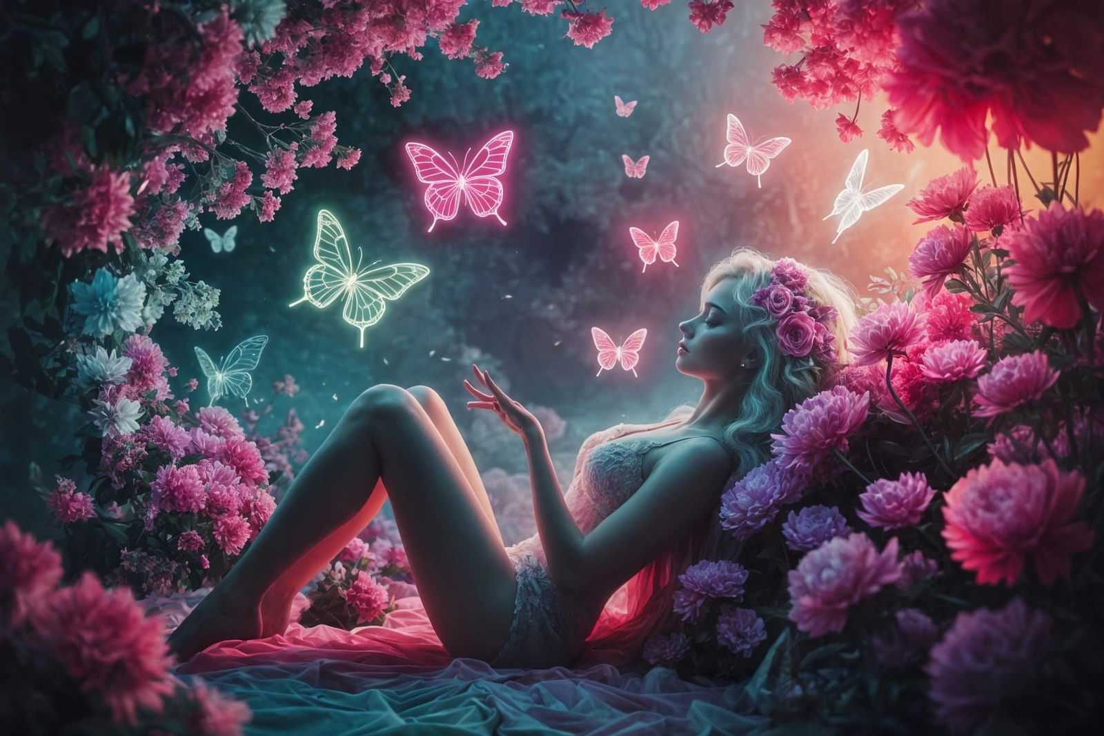 Woman in Dreamscape with Neon Butterflies and Flowers