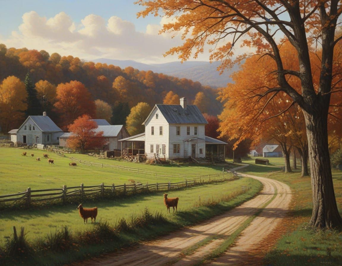 Autumn Farm Landscape in Bouguereau Oil Painting Style