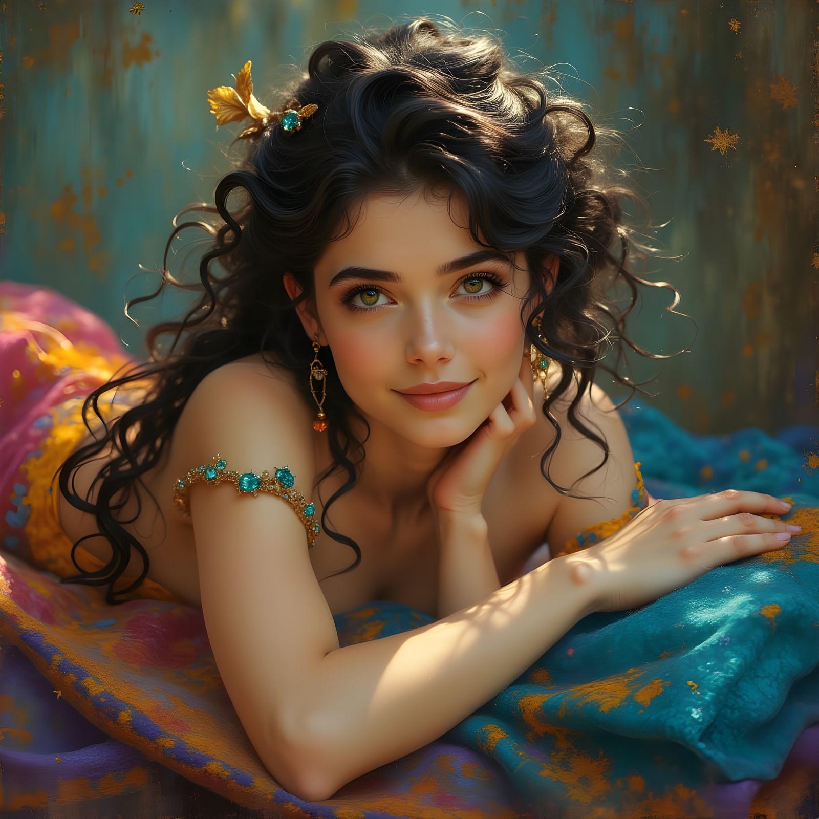 Topless Djinni on Flying Carpet in Gouache Style