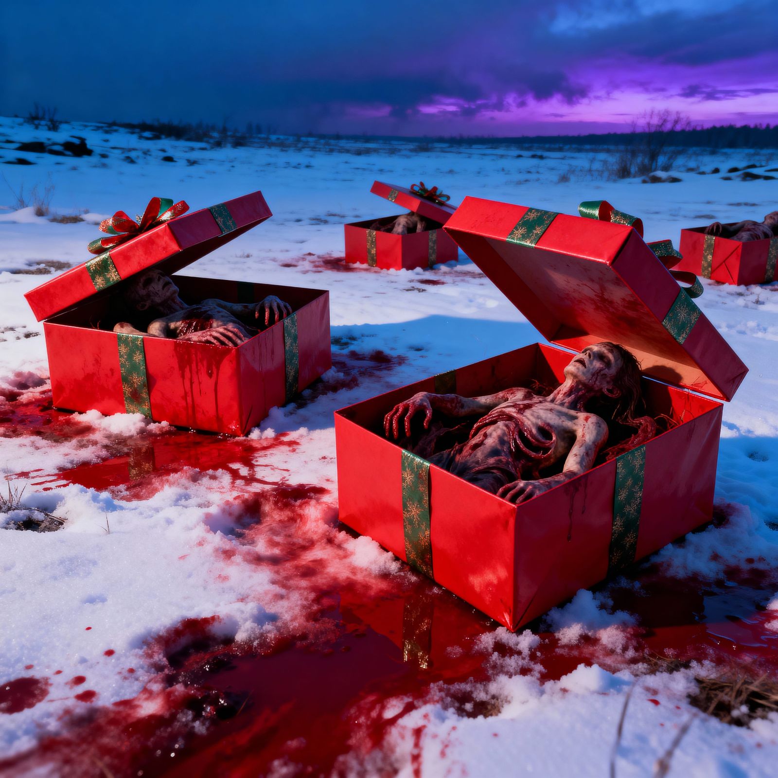 Macabre Christmas Landscape with Red Snow and Gruesome Gifts