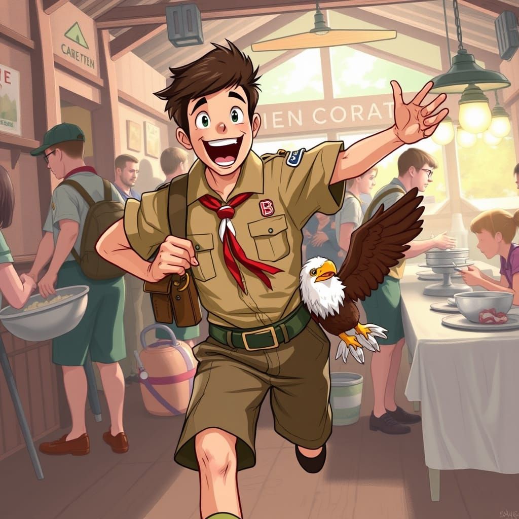 Scout Bursts into Camp Headquarters with Eagle Toy