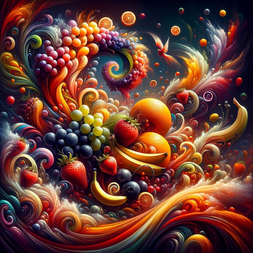 Fruits Dancing Whimsically in Food Science Lab as Matte Pain...