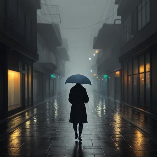 Melancholic Rainy Day on Deserted City Street