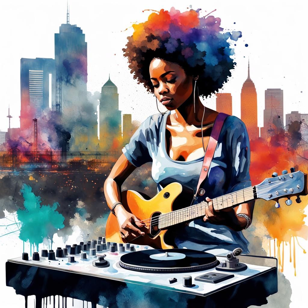 Double exposure ve,merging cityscapes with Pretty African Am...