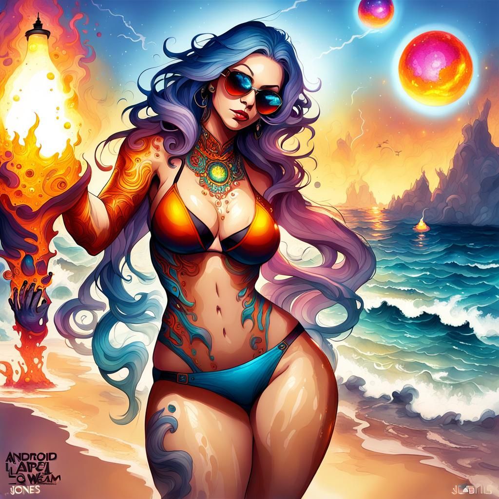 Curvy Woman on Beach with Galaxy Body, Digital Art