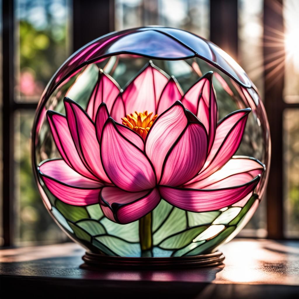Pink Stained Glass Lotus in Glass Bubble
