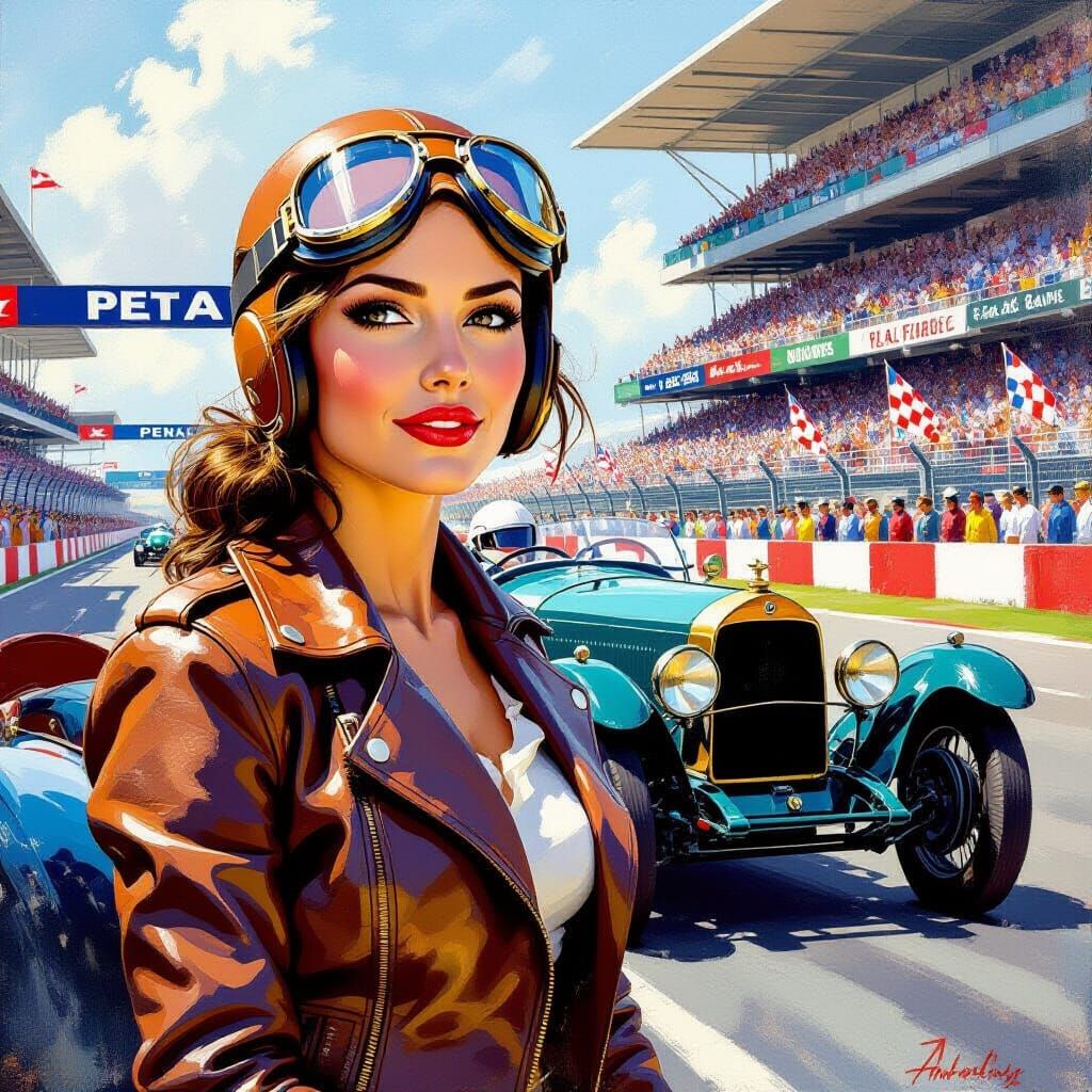 Determined Woman in Aviator Gear Beside Vintage Race Car