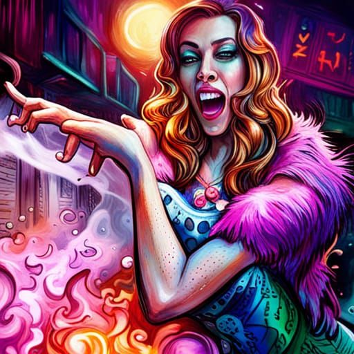 Female Mafia Boss Laughing by Sea in Graffiti Art