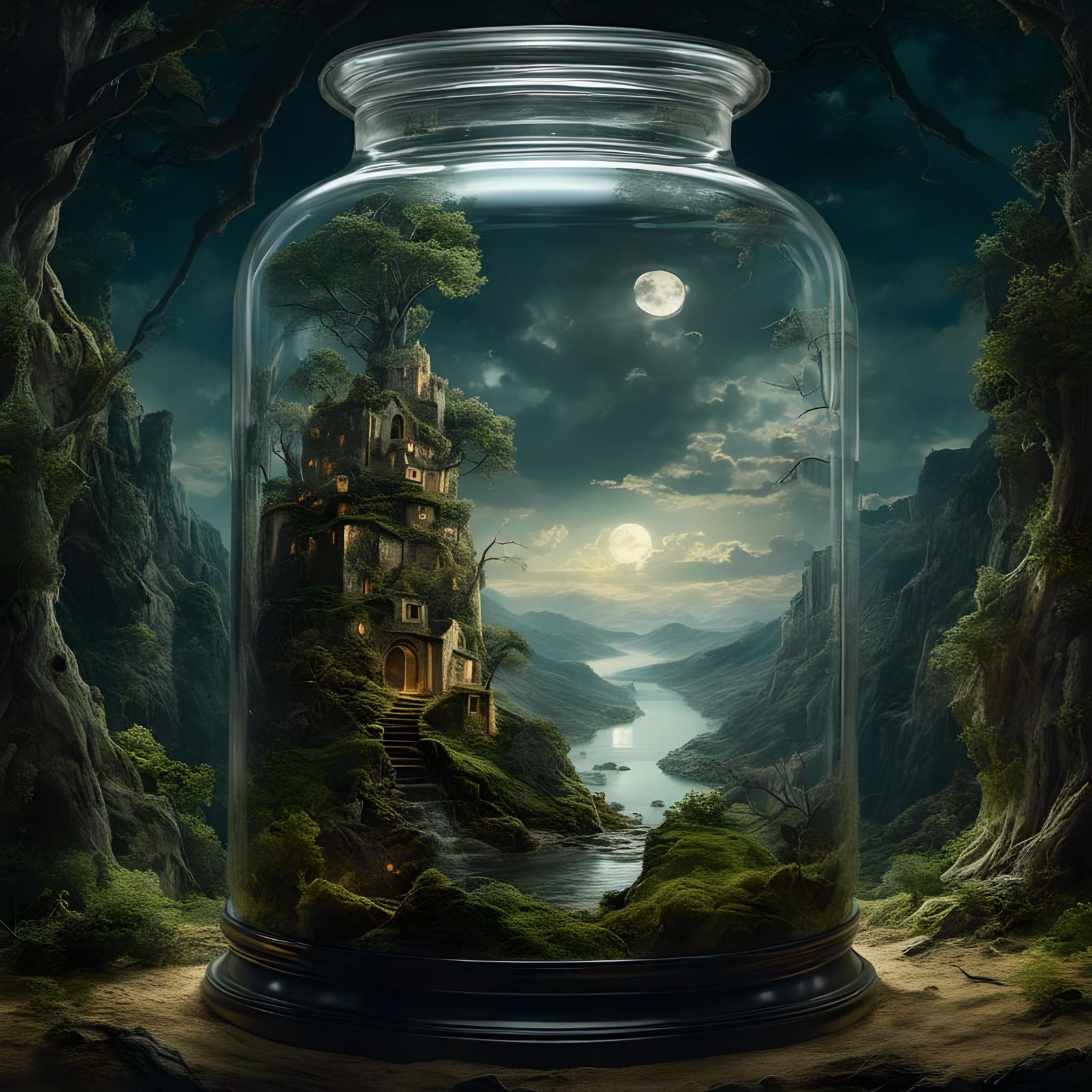 Surreal Landscape in Glass Jar, Fornasetti Style