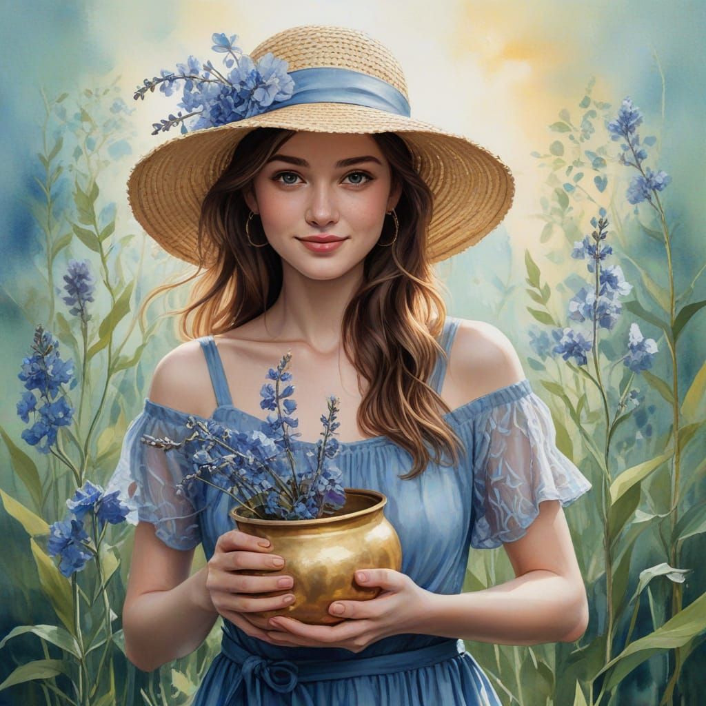 Young Woman in Whimsical Watercolor Style with Floral Accent...