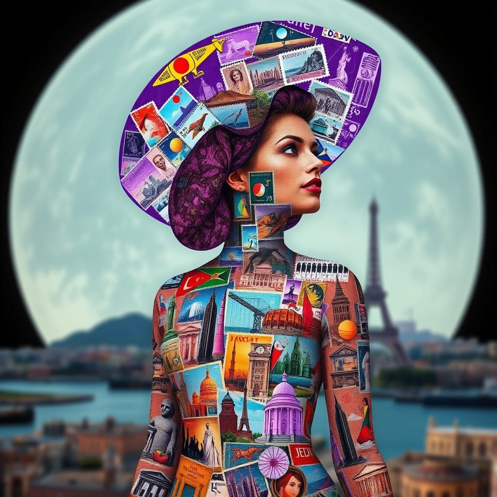 Postage Stamp Woman with Holographic Landmark Dress
