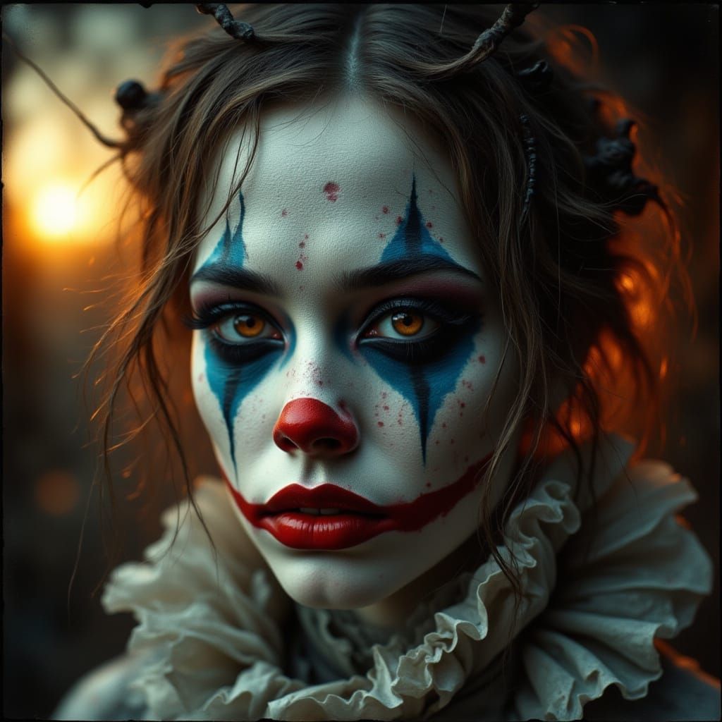 Eerie Clown Portrait with Piercing Eyes and Golden Glow