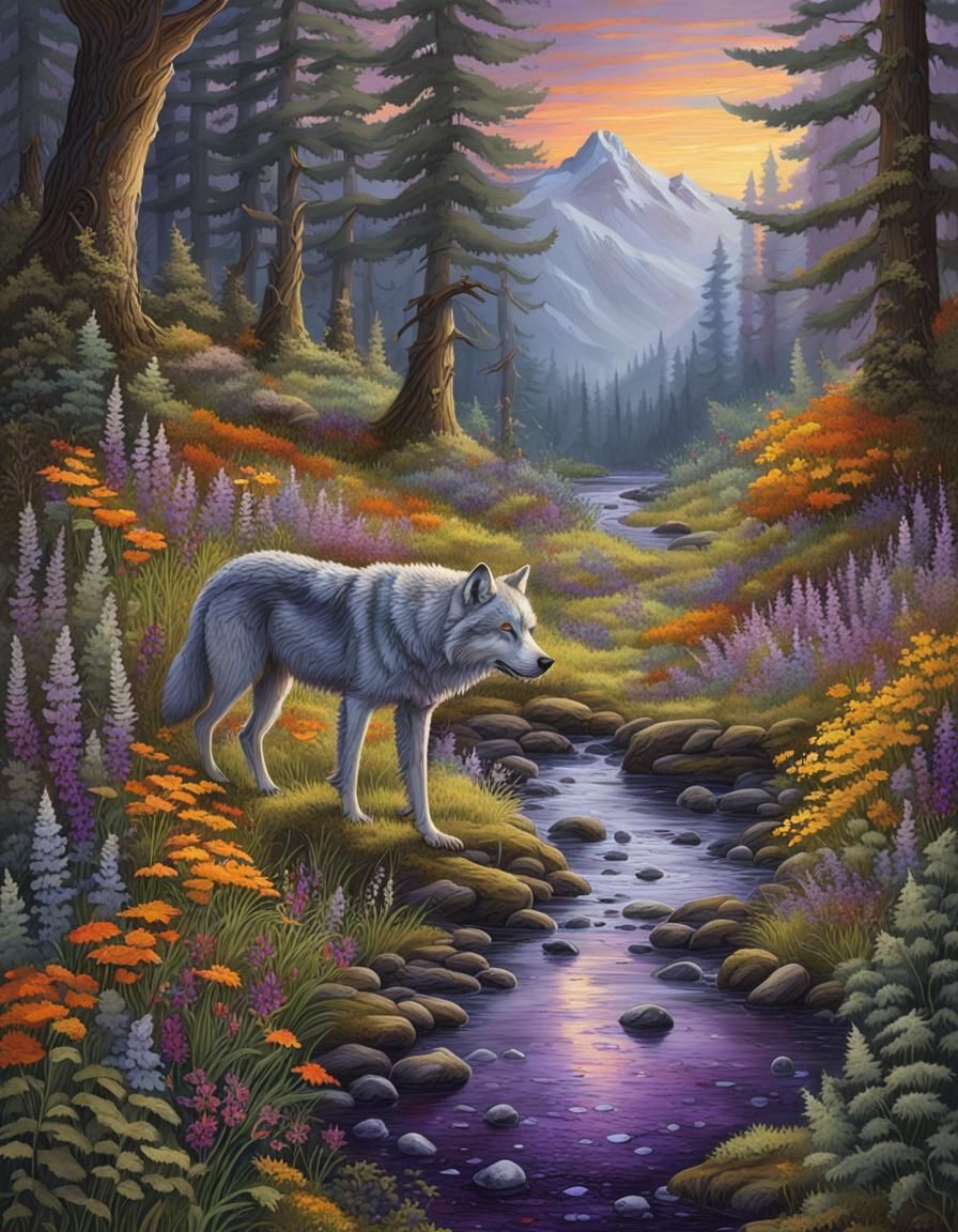 Elf Tending to Injured Silver Wolf in Forest