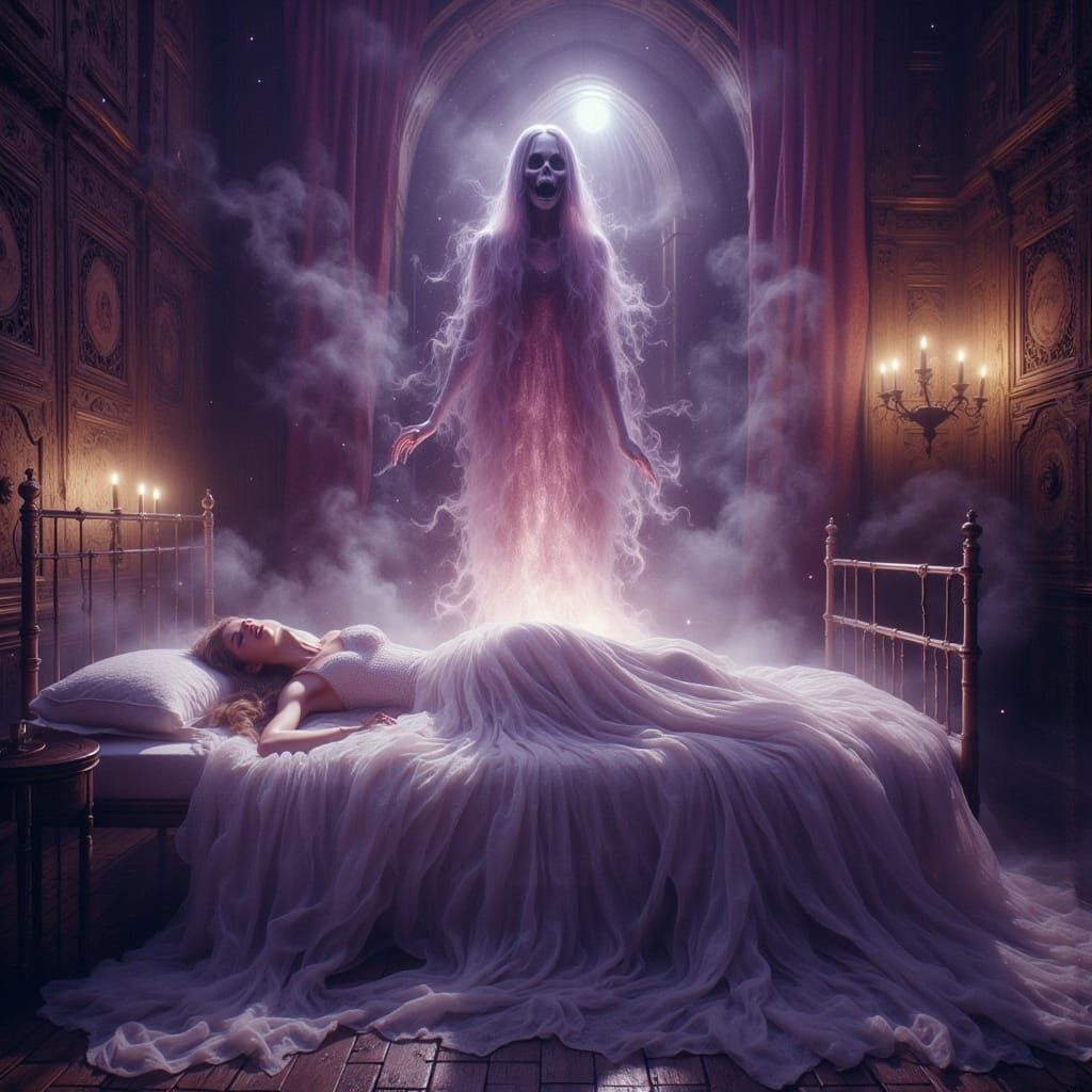 Ghostly Apparition Screams Over Woman in Dark Fantasy Art