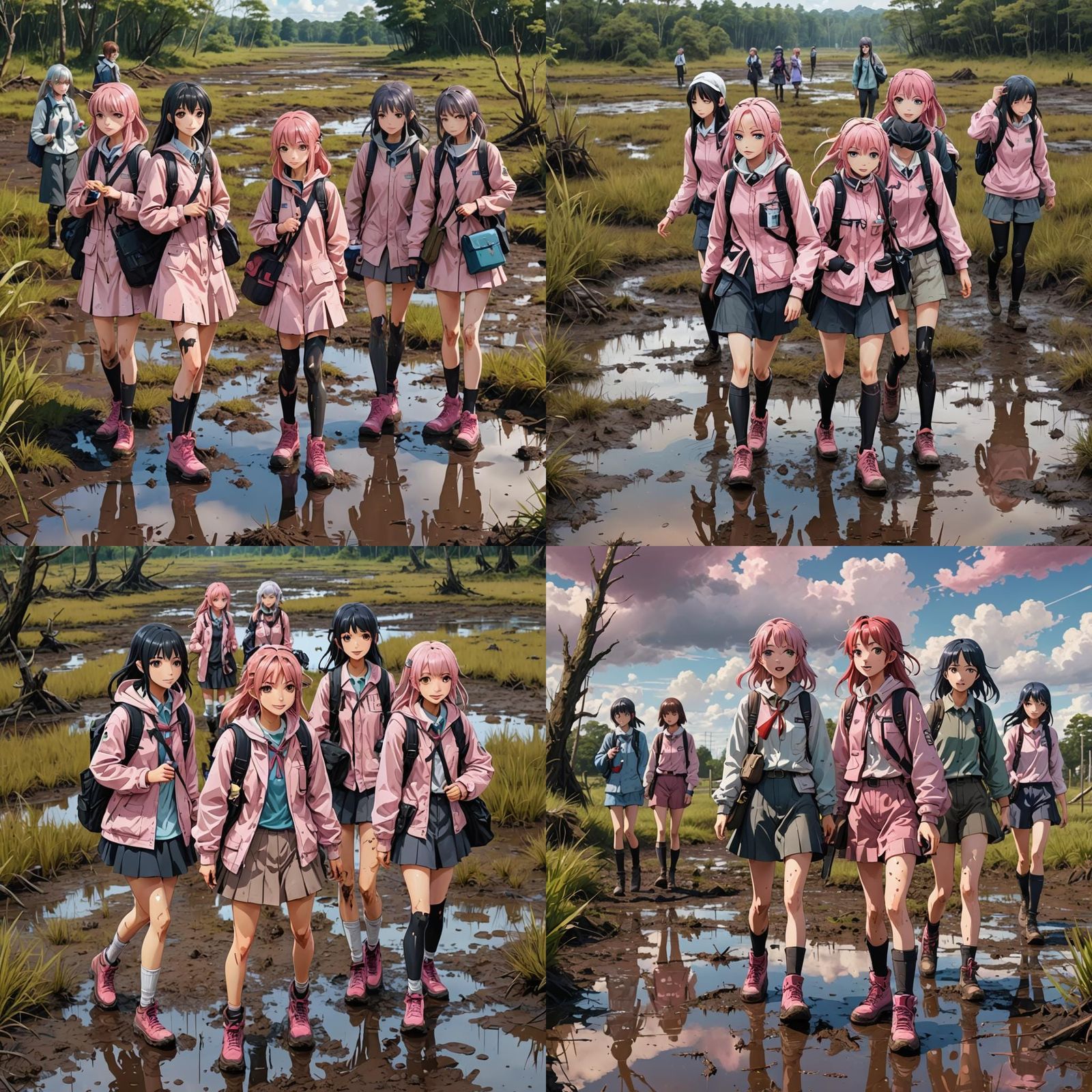 Anime Girls' Muddy Bog Adventure: Detailed Matte Painting